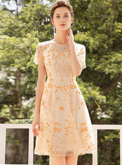 Chic Perspective Lace Embroidered Orange Skater Dress