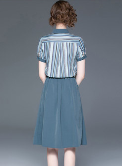 Summer Striped Splicing Blouse & Pure Color A Line Skirt