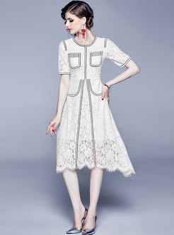 Stylish O-neck White Lace Irregular Skater Dress