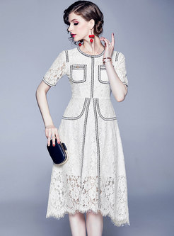 Stylish O-neck White Lace Irregular Skater Dress
