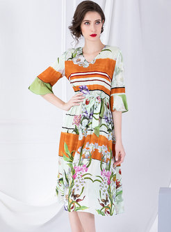 Multi Color Print Silk Flare Sleeve A Line Dress