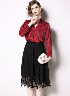 Chic V-neck Print Blouse & Black Hollow Out Skirt
