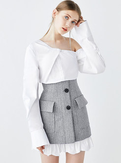 Casual Grey Striped Splicing Falbala Slim A Line Skirt