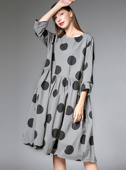 Plus Size Dots Pattern Cotton Pleated Shift Dress