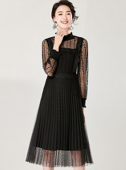 Mesh See-though Dots High Waist Pleated Dress