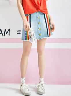 Summer Rainbow Striped High Waist Denim Skirt