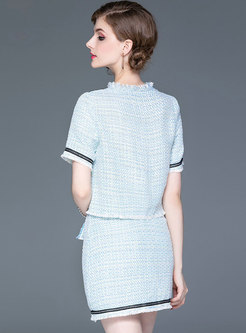 Stylish O-neck Blue Plaid Top & Tassel Slit Sheath Skirt