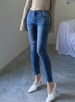 High Waisted Blue Slim Ripped Jeans