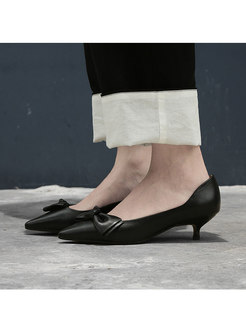 Brief Pointed Bowknot Leather Thin Heel Shoes
