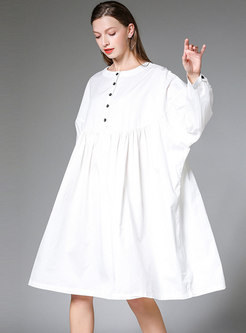 Solid Color O-neck Loose Pleated T-shirt Dress