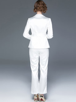 Notched Collar Belted Straight Pant Suits