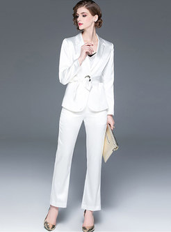 Notched Collar Belted Straight Pant Suits