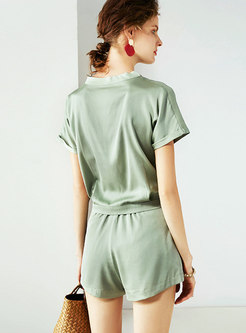 Solid Color V-neck Silk Summer Two Piece Pants