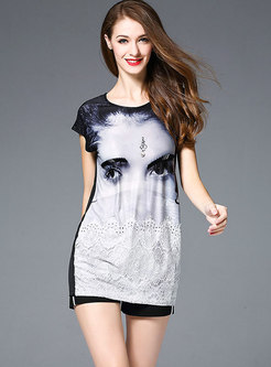 Brief Beaded Print Lace Splicing T-shirt Dress