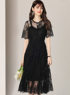 Fashion O-neck Lace Summer Perspective Skater Dress