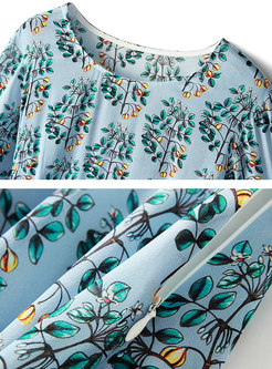 Stylish O-neck Print Silk Waist Skater Dress