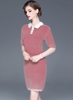 Brief Beaded Turn-down Collar Knitted Dress