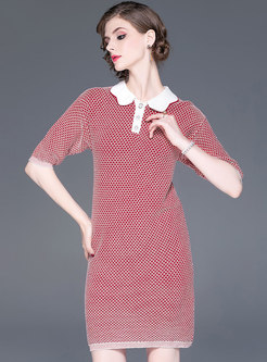 Brief Beaded Turn-down Collar Knitted Dress