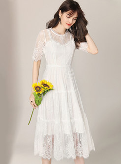 See-though O-neck Lace Slim Skater Dress