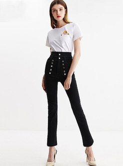 Black High Waist Double-breasted Slim Skinny Jeans