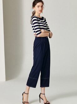 Stylish Striped Knitted Top & High Waist Wide Leg Pants