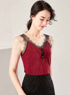 Lace Splicing V-neck Button Backless Knitted Cami