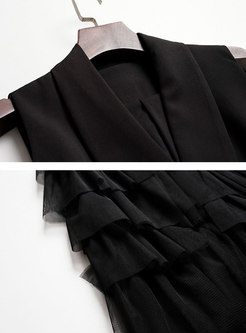 Elegant Lapel Black Mesh Splicing Sleeveless Skater Dress
