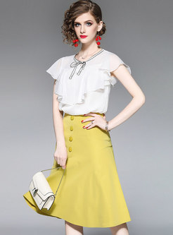 Solid Color Falbala Chiffon Blouse & Yellow Mermaid Skirt
