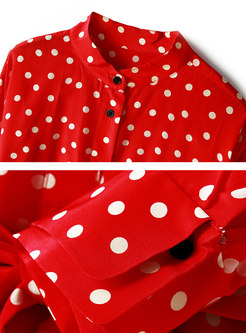 Stylish Polka Dot Standing Collar Red Silk Skater Dress