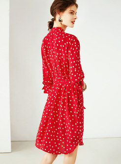 Stylish Polka Dot Standing Collar Red Silk Skater Dress
