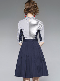 Color-blocked Striped Slit Bowknot Shirt Dress