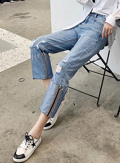 Blue High Waisted Ripped Straight Denim Pants