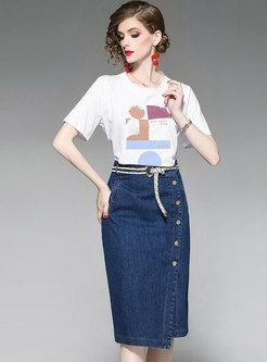 Casual Print T-shirt & Denim Split Sheath Skirt
