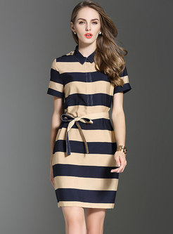 Stylish Turn-down Collar Striped Tied Bodycon Dress