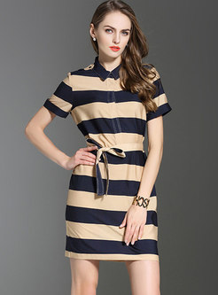 Stylish Turn-down Collar Striped Tied Bodycon Dress