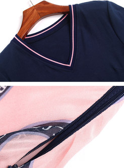 Chic Color-blocked Splicing Print Bowknot Skater Dress
