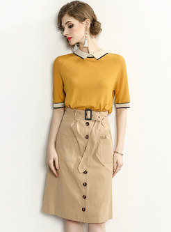 Color-blocked Lapel Knitted Top & Single-breasted Skirt