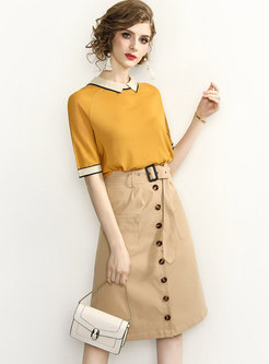 Color-blocked Lapel Knitted Top & Single-breasted Skirt