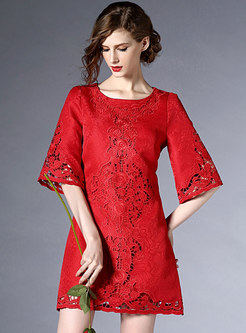 Embroidered Hollow Out Flare Sleeve Bodycon Dress