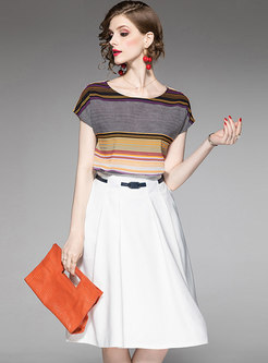 Stylish Striped T-shirt & Vintage Waist A Line Skirt