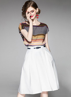 Stylish Striped T-shirt & Vintage Waist A Line Skirt