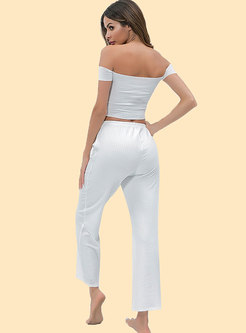 Sexy Slash Neck Pure Color High Waist Casual Tracksuit