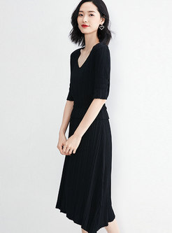Solid Color Slim Knitted Top & Casual A Line Dress