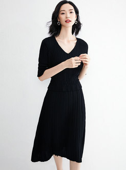 Solid Color Slim Knitted Top & Casual A Line Dress