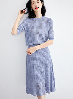 Stylish Blue Hollow Out Top & All-matched Knitted Skirt