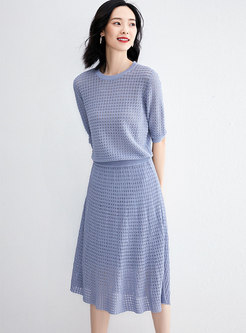 Stylish Blue Hollow Out Top & All-matched Knitted Skirt