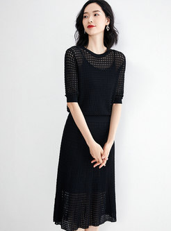 Brief Black Hollow Out Slim Knitted Two Piece Dress