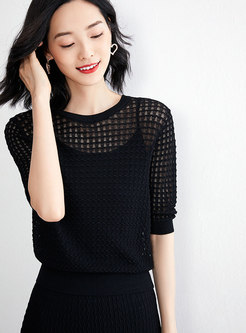 Brief Black Hollow Out Slim Knitted Two Piece Dress