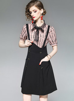 Stylish Bowknot Chiffon Blouse & Black Strap Dress