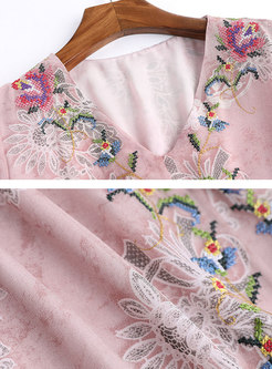 Retro Print Embroidery Split Ruffled Sleeve Skater Dress